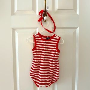 Janie and Jack Red and White Striped Terry Romper with Matching Bow, NWT